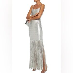Herve Leger Silver Foil Bandage Fringe Gown Size Small